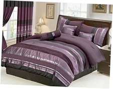 7 Piece Oversize Eggplant Purple/Black Silver Stripe Chenille Comforter Set