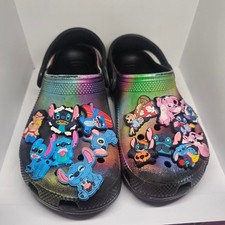 Kids Crocs Tie Dye Rainbow Stitch Character Jibbitz Clogs Size J1