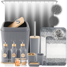 32PCS Grey Bathroom Set with Shower Curtain,Rugs,Trash Can,3PCS Lotion Soap D...