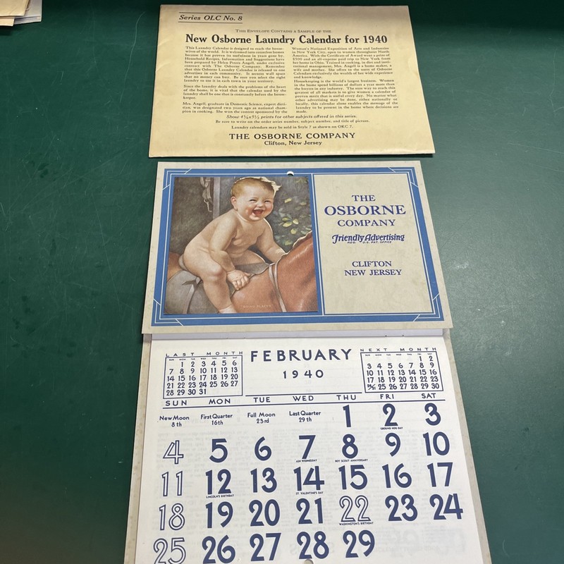 1940 Promo Sample Laundry Advertising Calendar  The Osborne Co. NJ w/Envelope