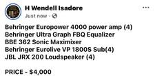 DJ gear for sale with amps, subwoofers, loudspeakers and rolling rack.