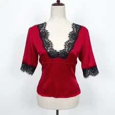 VTG 90s Moda International Top Womens M Red Silk Lace Vamp Holiday Grunge FLAWS