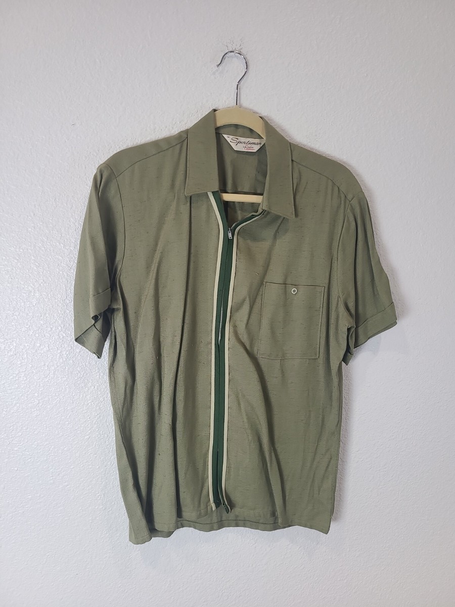 1950s Sportsman Moss Green Flecked Shirt Metal talon Zipper Medium 
