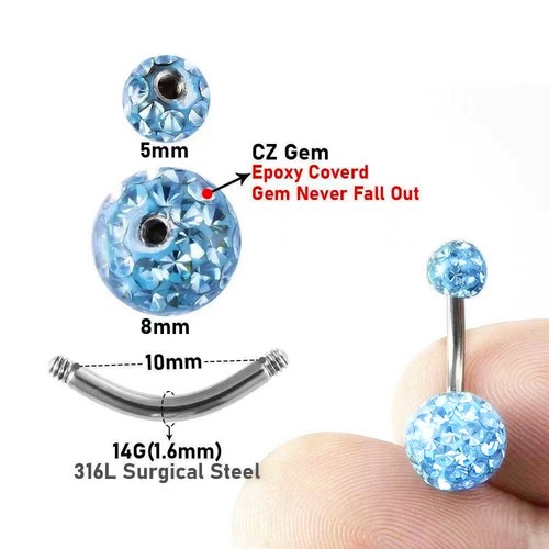 Various Bar Navel Belly Button Ring Barbell Coated CZ Crystal Ball Body Piercing - Picture 4 of 14