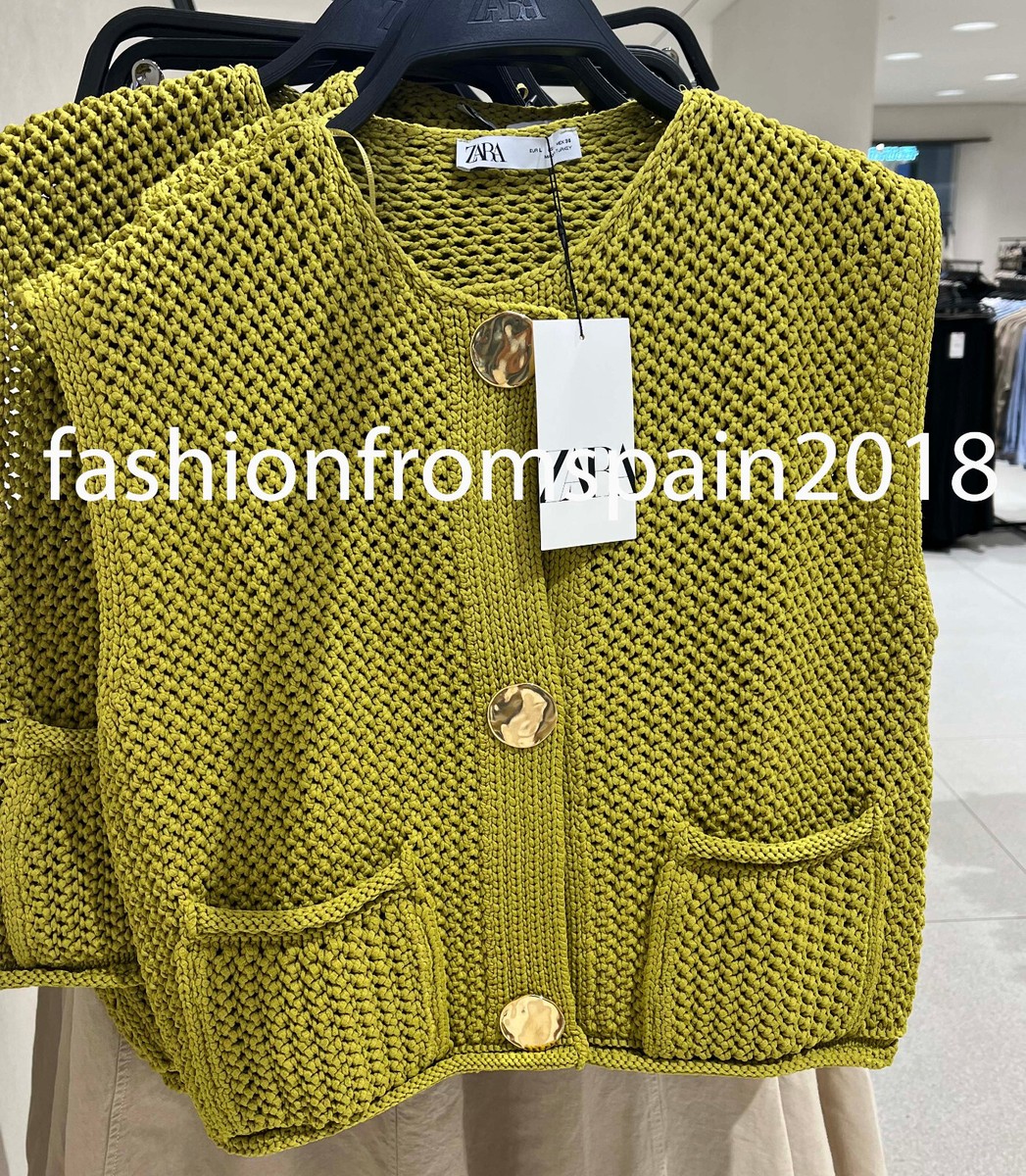 ZARA NEW WOMAN CHUNKY KNIT TOP VEST GOLD BUTTONS PISTACHIO