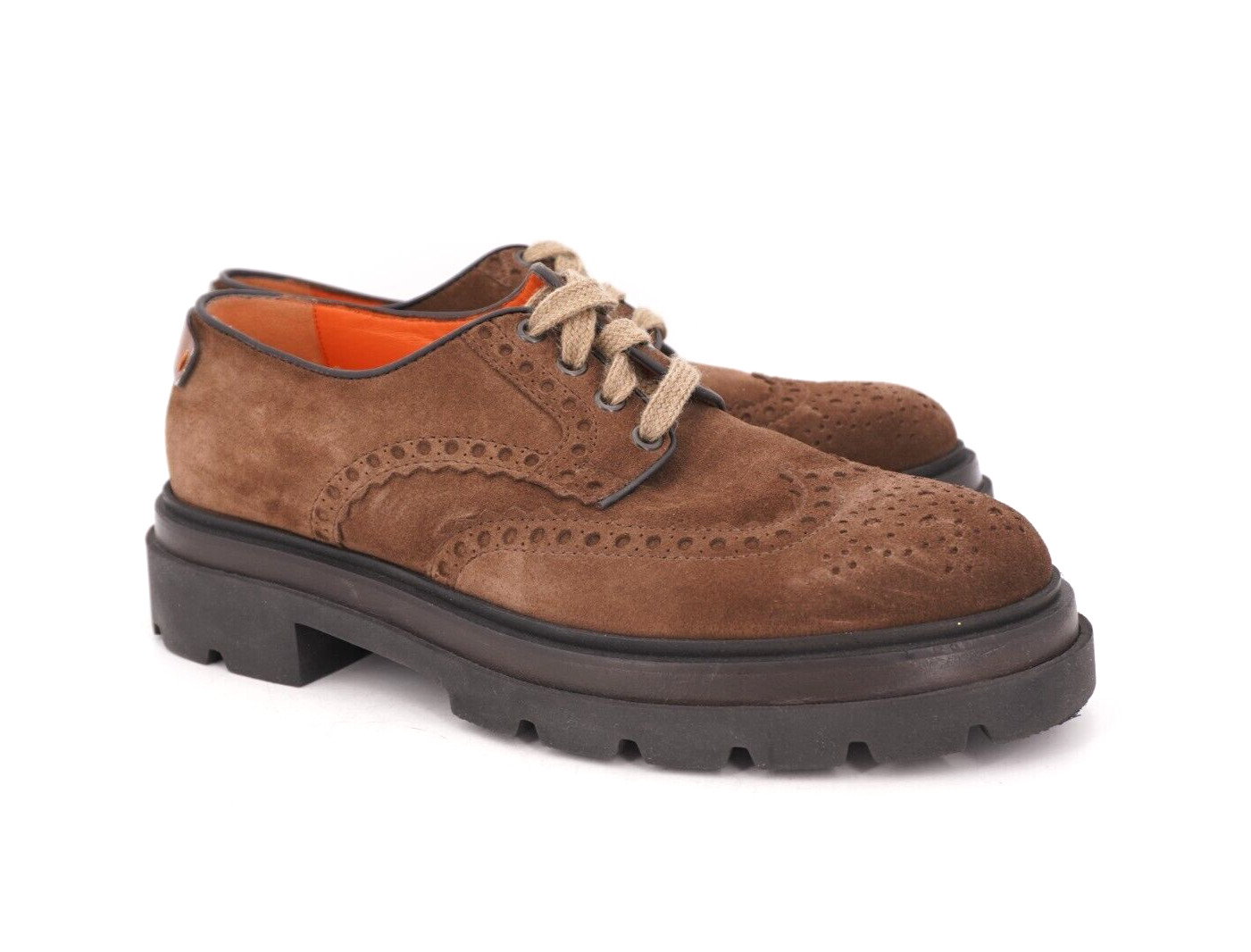 SAOLA INDOSSATO 1x $750 SANTONI ITALIA US 10 UK 9 WING TIP DERBY MARRONE SCAMOSCIATO