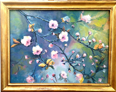 Original Oil Painting Cherry Blossoms Branches Still Life in Frame by Donalee
