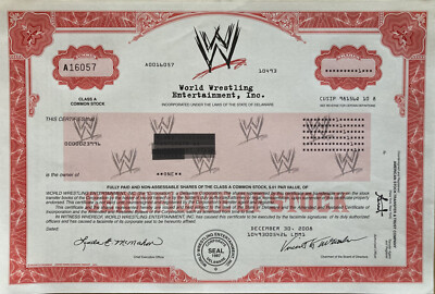 World Wrestling Entertainment WWE stock certificate 2008