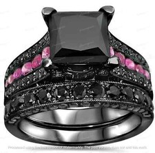 3Ct Princess Cut Lab-Created Black Diamond Bridal Ring Set 14K Black Gold Over