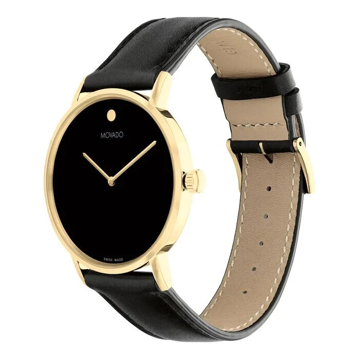 MOVADO SIGNATURE 0607591 GOLD BLACK LEATHER STRAP STAINLESS CASE