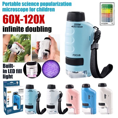Mini Pocket Microscope Kit 60X-120X Handheld Microscope with LED Light Kids Toy