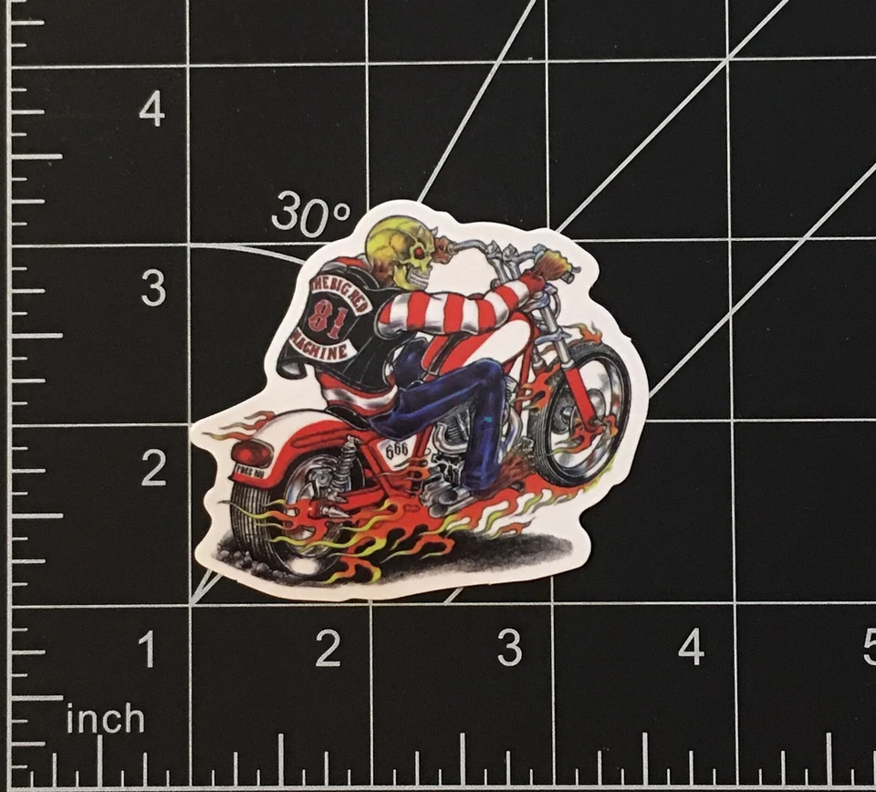 F&S STICKERS Skeleton Riding Motorcycle - Vinyl Sticker Big Red Machine Durable Waterproof