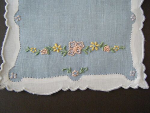 Antique set 6 Madeira Cocktail Napkins, blue linen voile decor color h embroi/ry - Picture 5 of 11