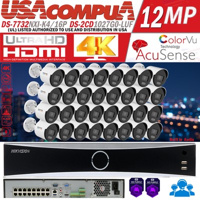Hikvision 32CH 16POE NVR 4K Security IP Camera System 2MP Bullet Colorvu Lot