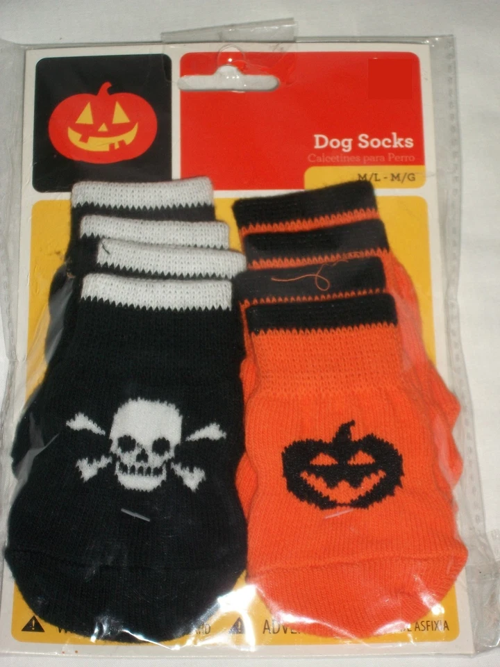 Halloween Dog Socks Costume Medium Large Med Lg Black Skulls Orange Pumpkin Set - Image 2 of 2