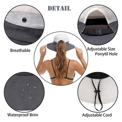 Women Ponytail Bucket Sun Hat Wide Brim UV Protection Safari Beach