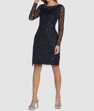 Adrianna Papell Women's Blue Embellished Boatneck Long Sleeve Dress Size 4