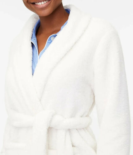J Crew White Ivory Plush Thick Bath Robe Fuzzy Midthigh Tie AZ154 Women's S/M - Picture 3 of 5