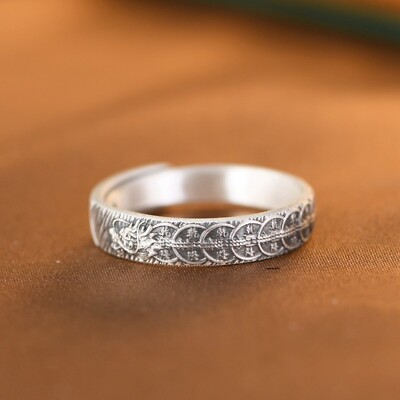 Women Pure 999 Fine Silver Band Men Lucky Retro Carved Coin Dragon