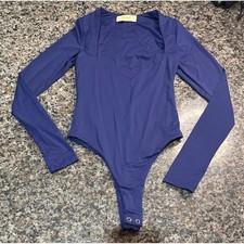 Qinsen Navy Blue Long Sleeve Square Neck Thong Bodysuit Womens XS Snaps