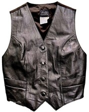 Vtg Black Leather Vest Women s Boutique Europa S/M Button Satin Back Biker