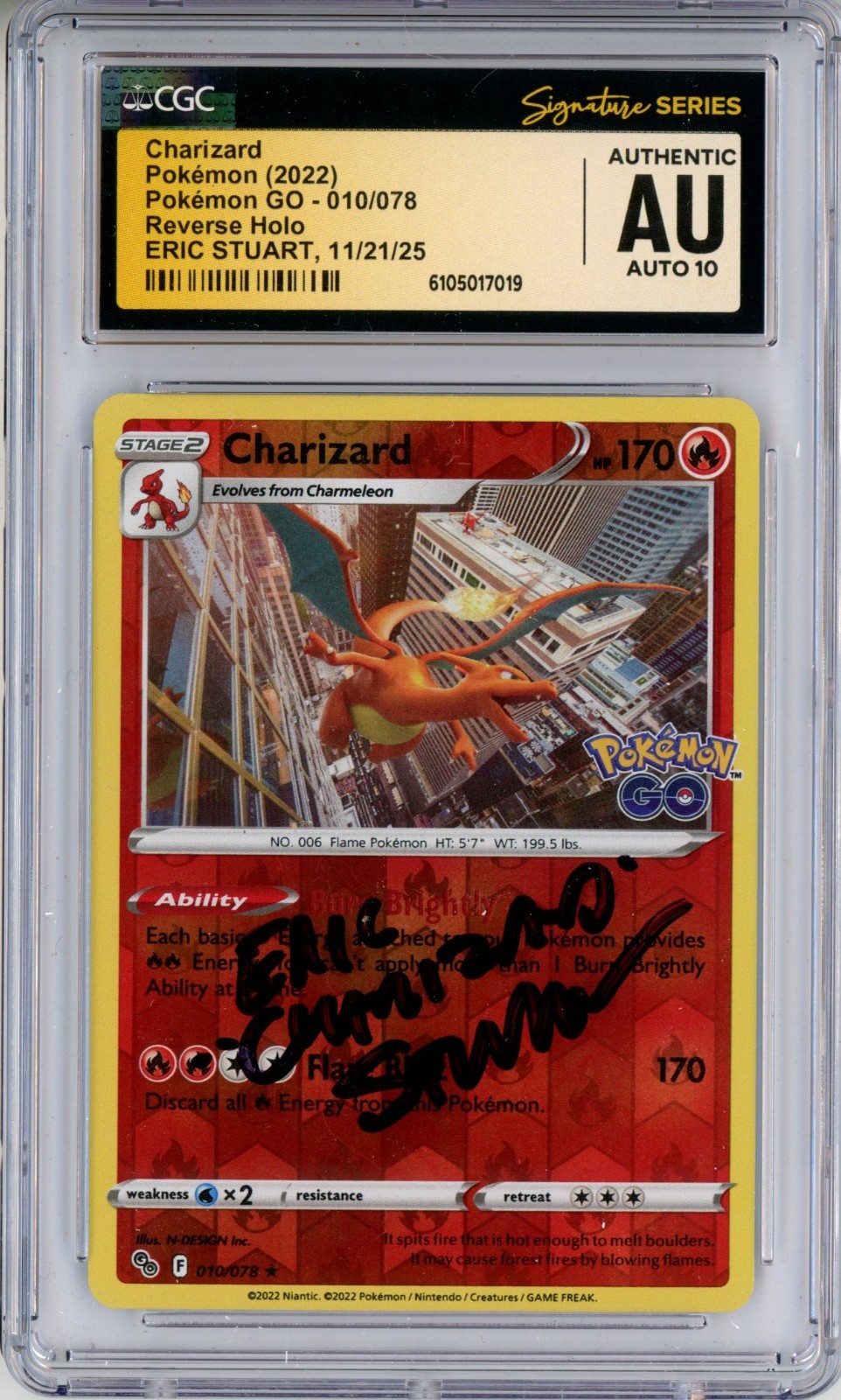 CGC Authentic Auto 10 Eric Stuart Charizard 010/078 Pokémon GO Reverse Holo Rare