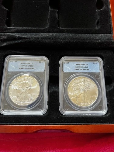 U.S. Mint 2007 American Eagle 1 oz Silver ANACS SP70 & MS70 Set