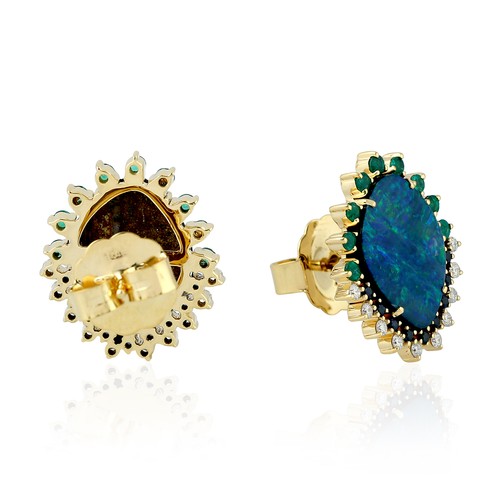 Opal Doublet Stud Earrings For Women 18k Yellow Gold Emerald Sapphire Diamond - Picture 3 of 6