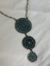 Turquoise Pendant Necklace 3 Flowers 30  Silver Color Chain