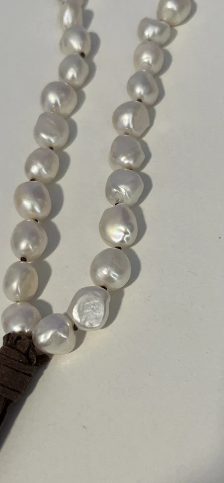 美丽的淡水珍珠棕色皮革项链流苏珍珠扣 22 英寸 — 第 4/4 张图片