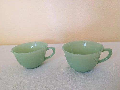 1950s Anchor Hocking Fire King Ribbed Jane Ray Jadeite 2 tea coffee cups