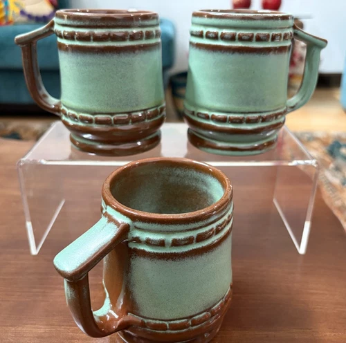 THREE 3 Frankoma Pottery C10 Prairie Plainsman Green Brown Coffee Tea Mug Cup