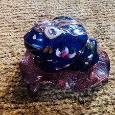 Vintage Chinese cloisonn&eacute; frog perched on a stylized wood lily pad platform