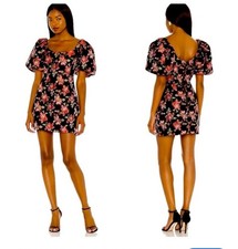 MinkPink Black Brocade Floral Printed Puff Sleeve Larache Mini Dress Sz XS Goth