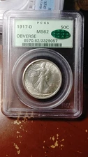 1917 D Obverse Walking Liberty Silver Half Dollar OGH PCGS CAC MS62 PQ      5286