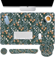 Green Florals Keyboard Mouse Pad Set Vintage Flower 4In1 Large Mousepad Keyboard