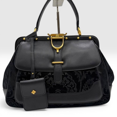 Gucci Horsebit Shoulder Bag Suede Leather Black Handbag