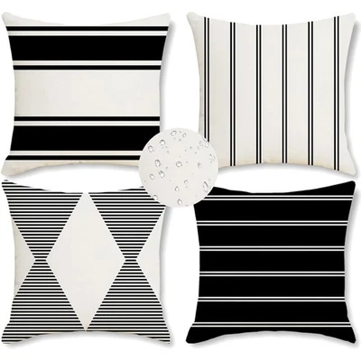 Outdoor Kissen  Dekorativ 4 Stück 45x45cm Leinen Schwarze und Weiße Streifen - Bild 1 von 4