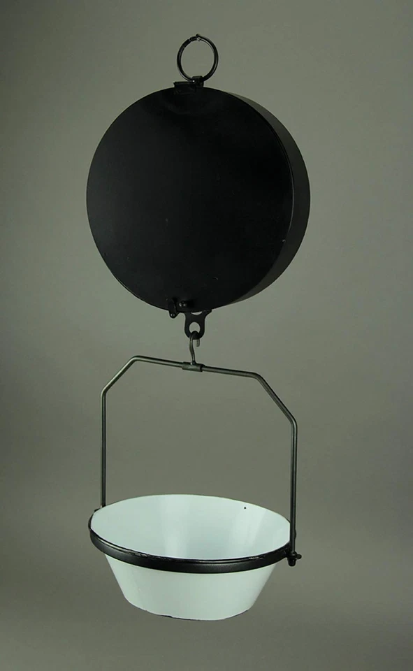 Vintage Look Hanging Scale Clock with White Enamelware Tray - Image 3 of 4