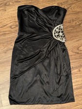 Teeze Me Black Satin Stretch Diamond Jewel Ruched Strapless Prom Party Dress M
