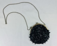 VTG Black Beaded Sequined Jeweled Clutch Purse Evening Bag Kiss Lock Crossbody