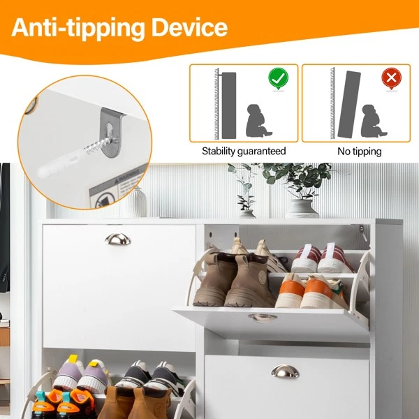 Тонкий шкаф для хранения обуви с 4 откидными ящиками для прихожей, белый - Изображение 4 из 4