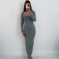 Ladies Green Maxi Dress Pretty Little Thing Long Sleeved Stretch Bodycon Size 4
