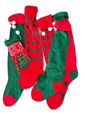 Knit Christmas Stockings Vintage Set of Six Red Green Pom Poms 6pc 16  Long 26  