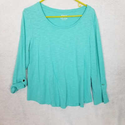 CHICO'S Ultimate Tee Roll Tab Long Sleeve Flared Scoop Neck Tunic Turquoise M