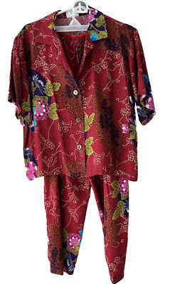 2pc set Women Top Pants Sz M Asian Inspired Print Blue Purple Floral On Red