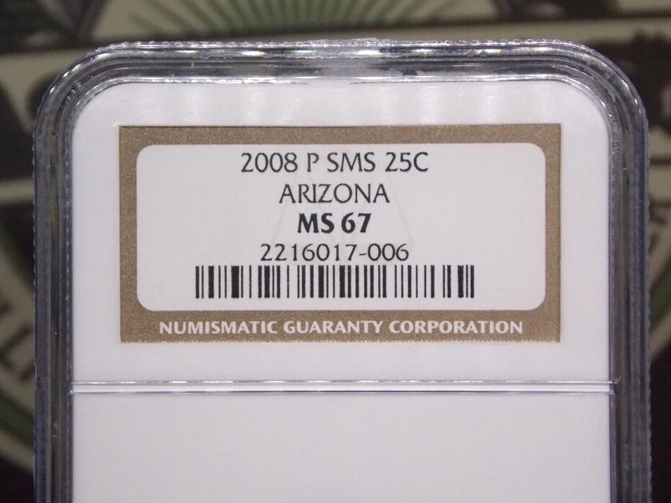 2008 "P" State Quarter **ARIZONA** SMS 25c NGC MS67 #006 Gem BU Unc Uncirculated - Image 4 of 4