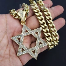 Iced Cubic Zirconia Gold Plated Alloy Star of David Charm & Cuban Chain Necklace