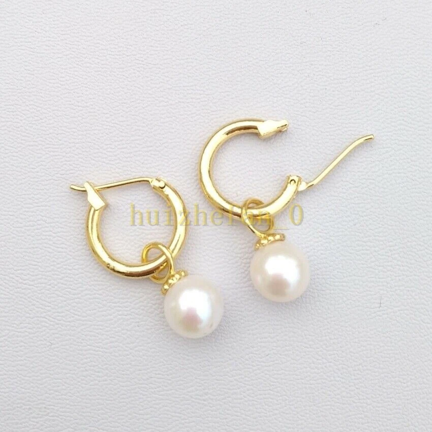 7-8mm natural akoya white AAA round pearl earrings 14k Yellow Gold P Lever Back - Image 4 of 4