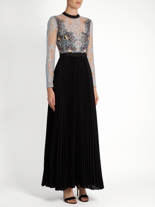 Designer Self Portrait Moni Lace Pleated Crepe Maxi Dress UK
